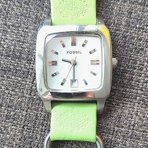 Fossil Silver Case with Light Green Strap Watch